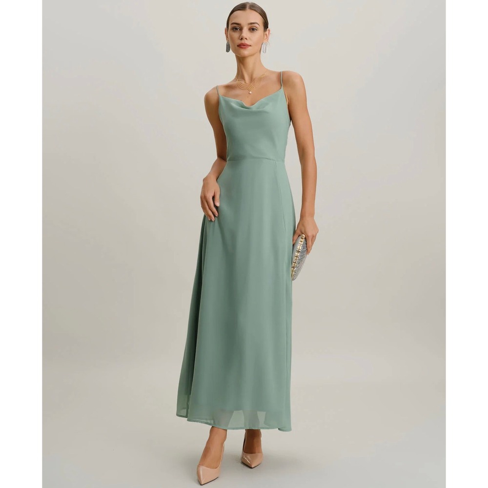 RIHOAS Sage Green Cowl Neck Lace-Up Maxi Dress Women Large Formal Slit Gown